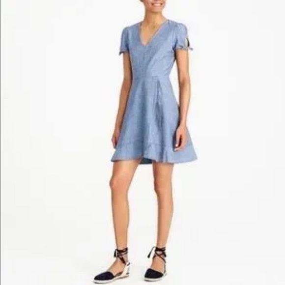 J Crew Chambray Faux Wrap Ruffle V Neck Denim Key Hole Sleeve Short Dress Sz 0 - Picture 1 of 8